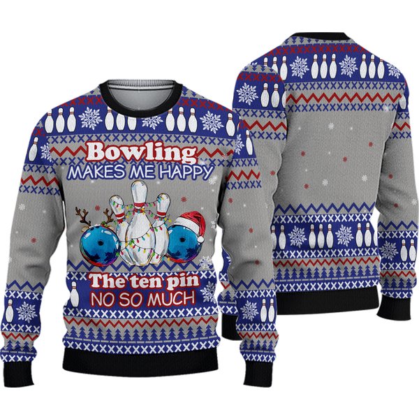Bowling Merry Christmas Ugly Christmas Sweater, Bowling Makes Happy Ugly Sweater