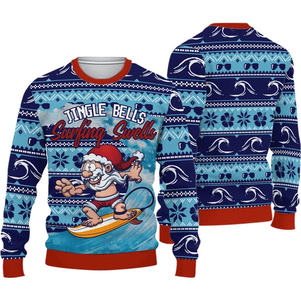 Ugly Christmas Sweater, Jingle Bells Surfing Swells, Gift For Surfers, Santa Surfing The Waves-image