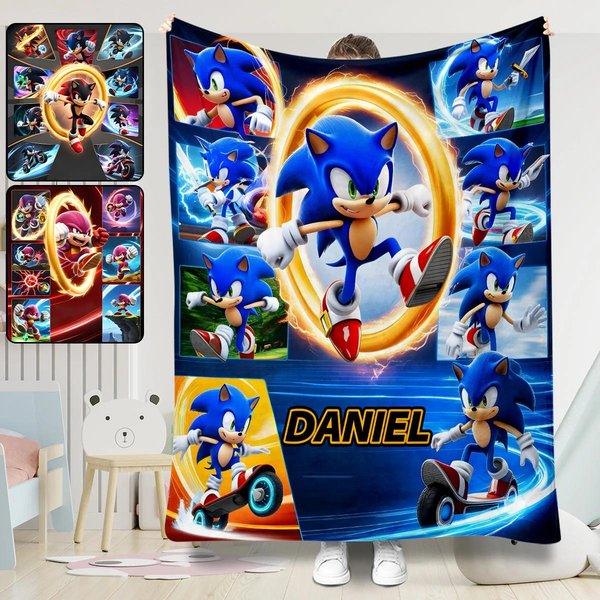 Blue Hedgehog Personalized Throw Blanket, Speed Game Cartoon Fleece Blanket-image