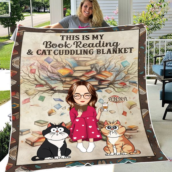 Book Reading & Cat Cuddling Blanket - Personalized Blanket-image