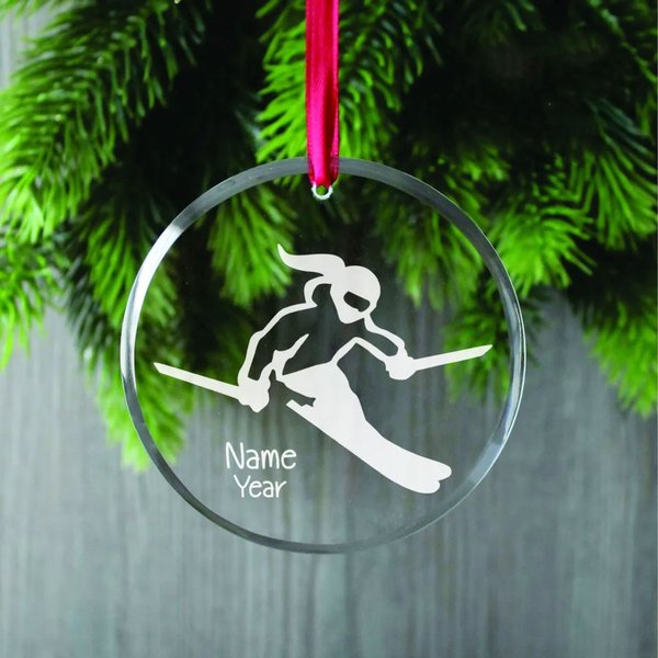 Personalized Female Skier Glass Ornament, Decor Ornament, Christmas Ornament-image