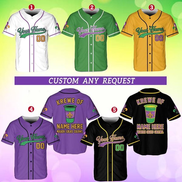 Personalized Mardi Gras Baseball Jersey, Custom Krewe Name Number Mardi Gras Crawl Baseball Jersey-image