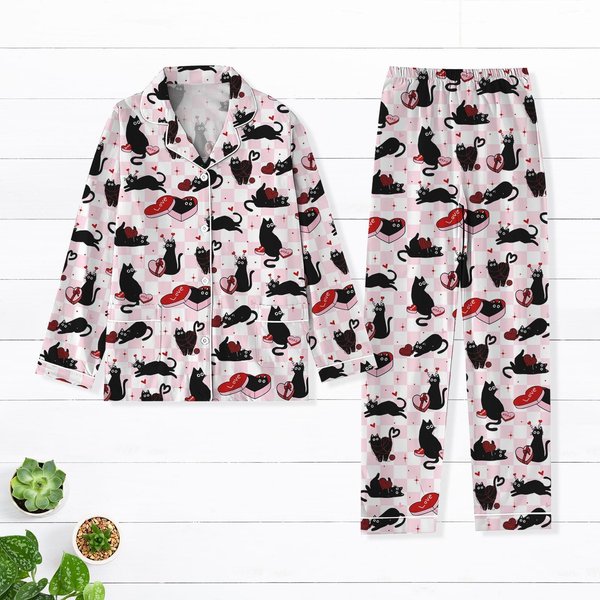 Valentine Black Cat Pajamas Set, Valentine Heart Cat Pajamas-image