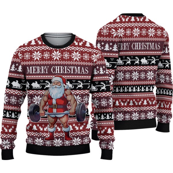 Santa Gym Lifting Ugly Christmas Sweater, Muscular Santa Claus Sweater-image