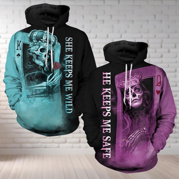 Custom Skull Hoodie For Couple, She Keeps Me Wild He Keeps Me Safe Matching 3D Hoodie-image