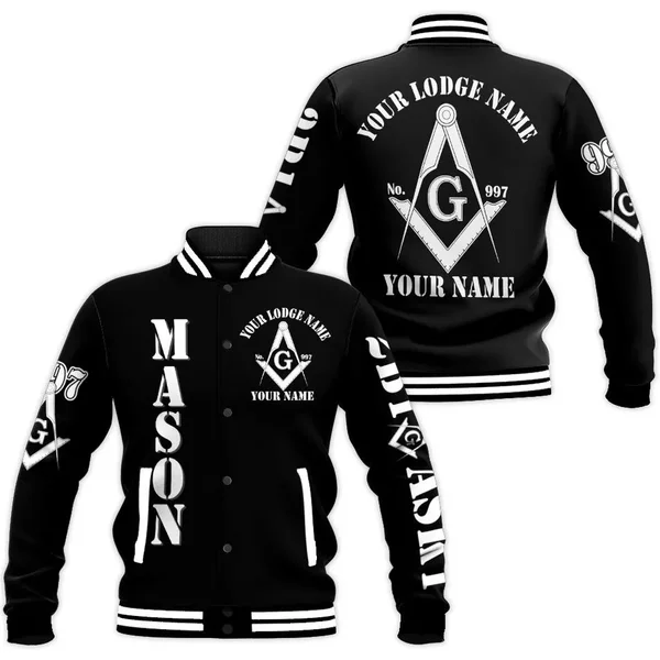 Custom Black And White Freemason Masonic Symbol, 3d Baseball Jacket