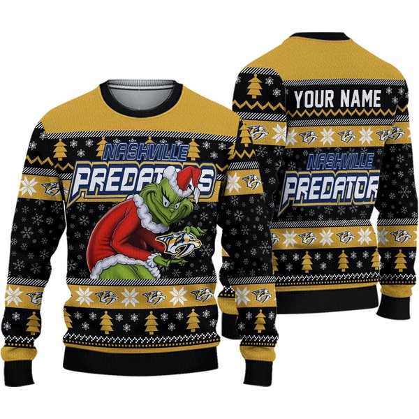 Personalized Nashville Predators Grin Ice Hockey Christmas Ugly Sweater-image