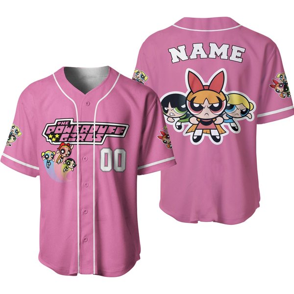 Personalize Powerpuff Girl Action Pink Black Baseball Jersey, Funny Powerpuff Girls 90S Cartoons, Birthday Gift For Fans-image