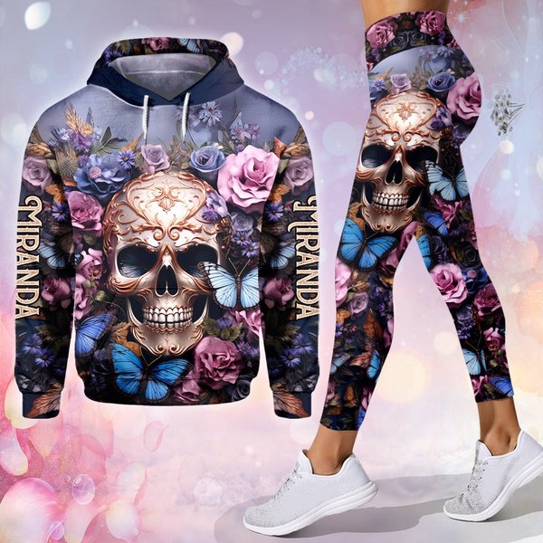 Beauty Of The Dark Skull Roses Butterflies - Personalized Skull Hoodie And Leggings-image