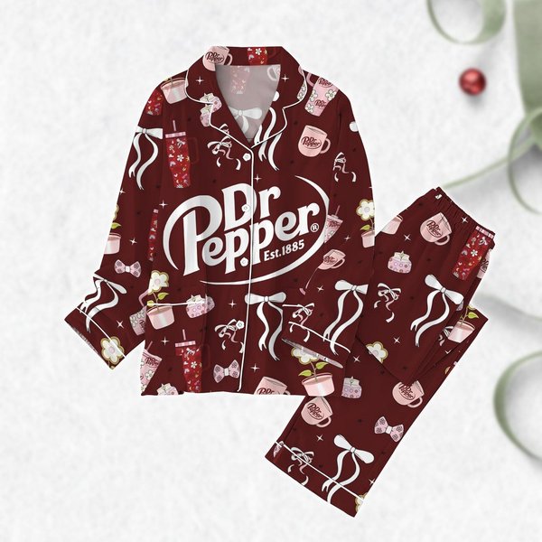 Dr Pepper Coquette Pajamas Set, Pink Bow Valentines Holiday Pajamas-image