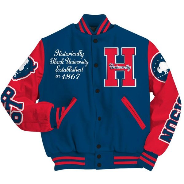 Bison University Varsity Jacket, Hbcu Est. 1881 Blue Red Veritas Et Utilitas Baseball Jacket