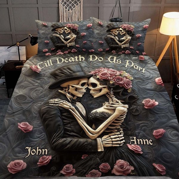 Till Death Do Us Part Personalized Skull Bedding Set For Couple-image