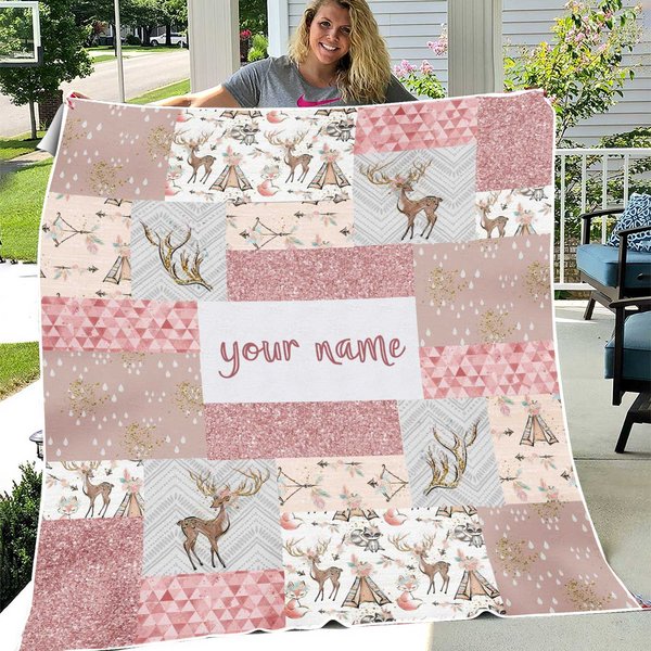 Personalized Girls Deer Boho Fawn Baby Name Fleece Blanket-image