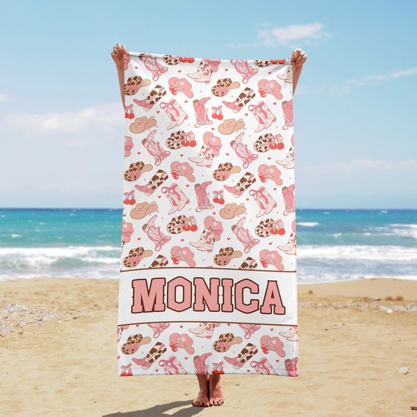 Custom Beach Towel Personalized Name Coquette Western Cowgirl Boots-image