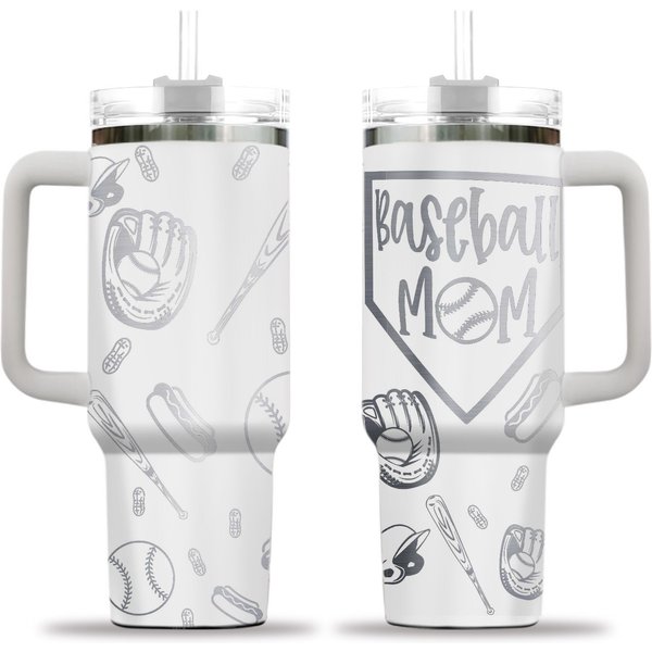 40 Oz Baseball Mom Tumbler With Handle - Laser Engraved Tumbler With Lid And Straw-image