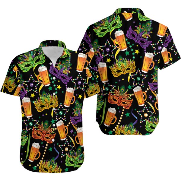 Mardi Gras Beer Hawaiian Shirt, Louisiana, Fat Tuesday Button Up Shirt-image