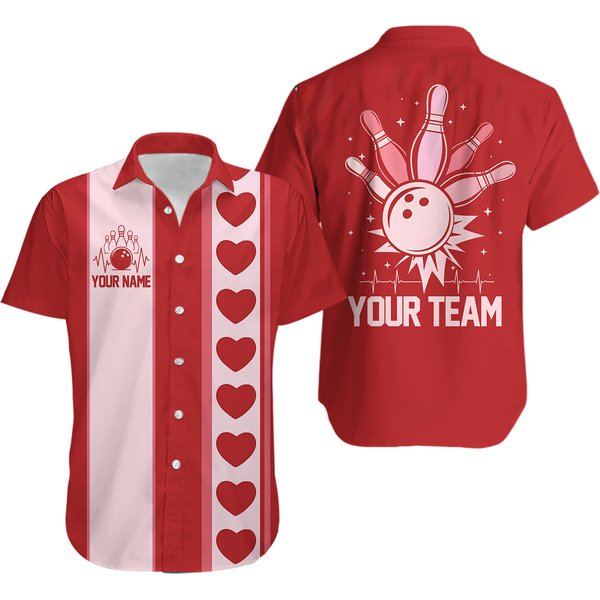 Personalized Name Valentine's Day Bowling Hawaiian Shirt, Custom Bowling Button Up Shirt-image