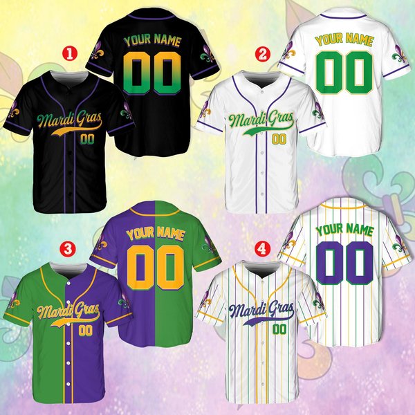 Personalized Mardi Gras Baseball Jersey, Custom Bow Ribbon Mardi Gras Jersey-image
