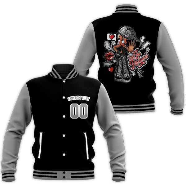 Custom Betty Boop Black Cement Unisex Varsity Jacket, Talk To The Hand 2 Baseball Jacket