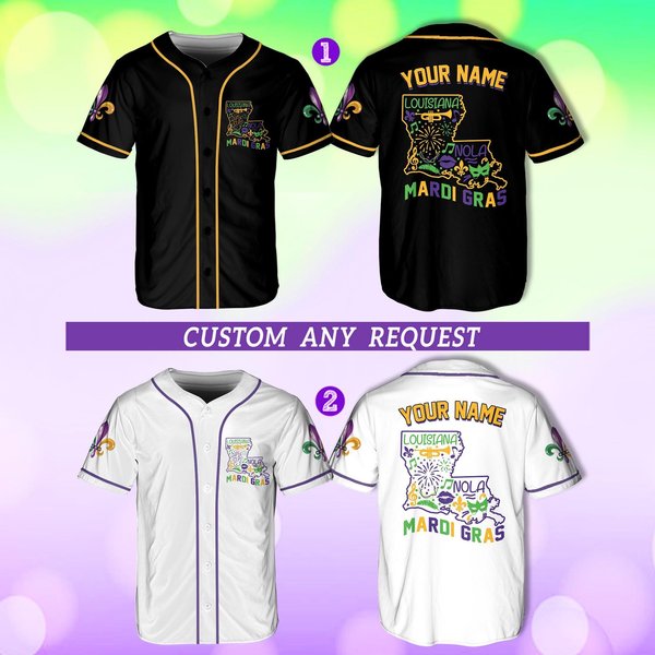 Personalized Mardi Gras Baseball Jersey, Custom Name Mardi Gras Baseball Jersey, Mardi Gras Carnival Jersey-image