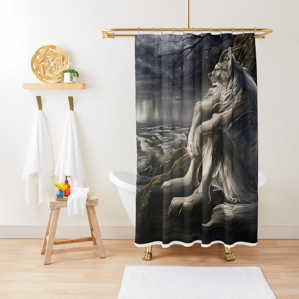 Emo White Wolf Sitting Sad Meme Shower Curtain, Extra Wide Shower Curtain