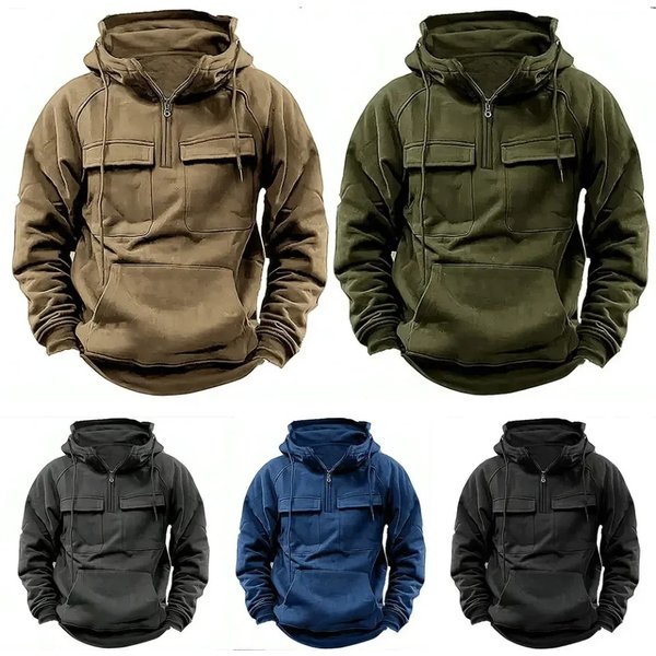Solid Warm Fleece Military Sweatshirts Multi Pockets Half Zipper Men's Tactical Hoodies-image