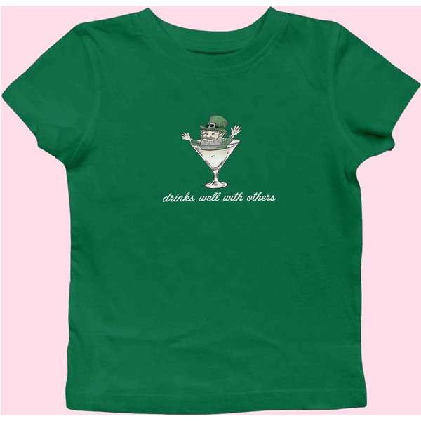 St Patrick's Day Baby Tee For Women, Leprechaun Martini Cocktail Drinks Well With Others Baby Tee-image