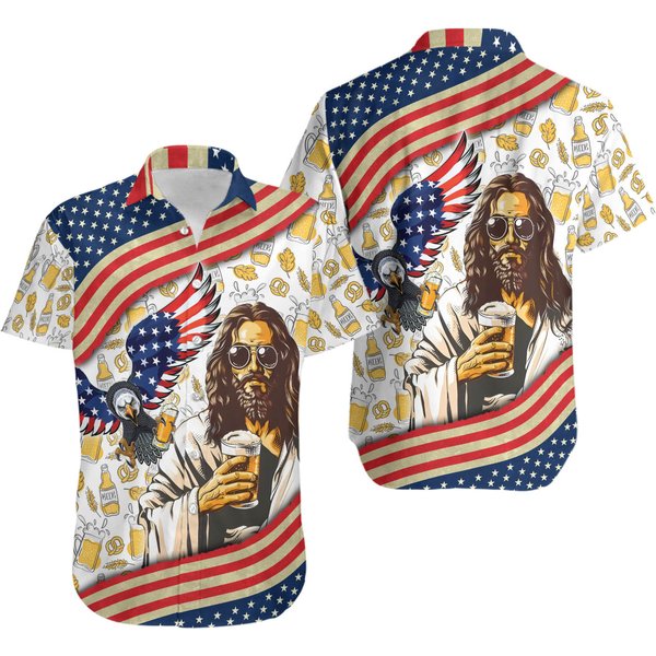 Teesdily Jesus Eagle Beer American Flag Hawaiian Shirt-image