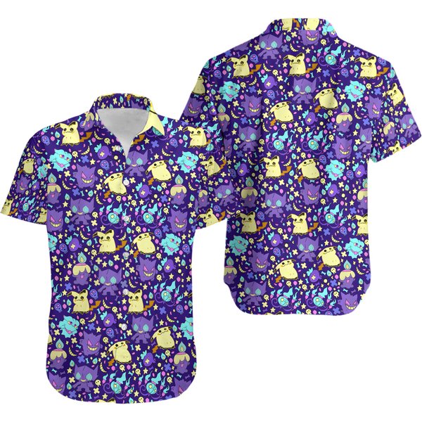 Gengar Ghost Pattern Button Up Shirt, Japanese Anime Hawaiian Shirt-image