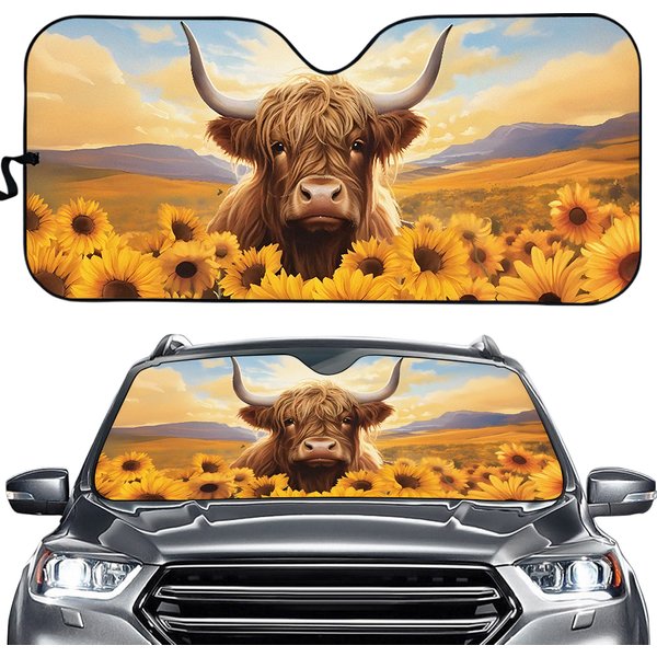 Highland Cow With Sunflower All Over Printed 3d Car Sunshade Uv Protector
