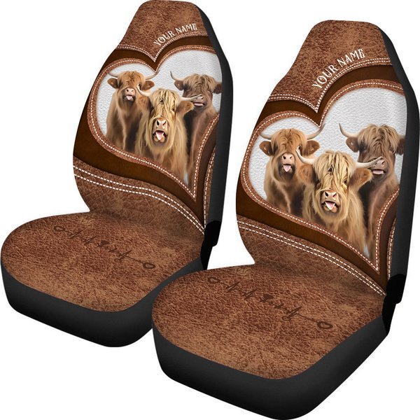 Personalized Highland Cattle Cows With Heart Car Seat Cover