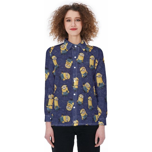 Minion Women Casual Shirt, Minion Pattern Blouse, Button Down Shirt