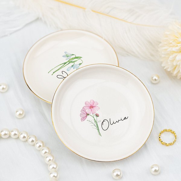Personalised Birth Flower Trinket Dish, Watercolor Flower Ring Dish, Birthday Jewelry Dish Gift For Friend