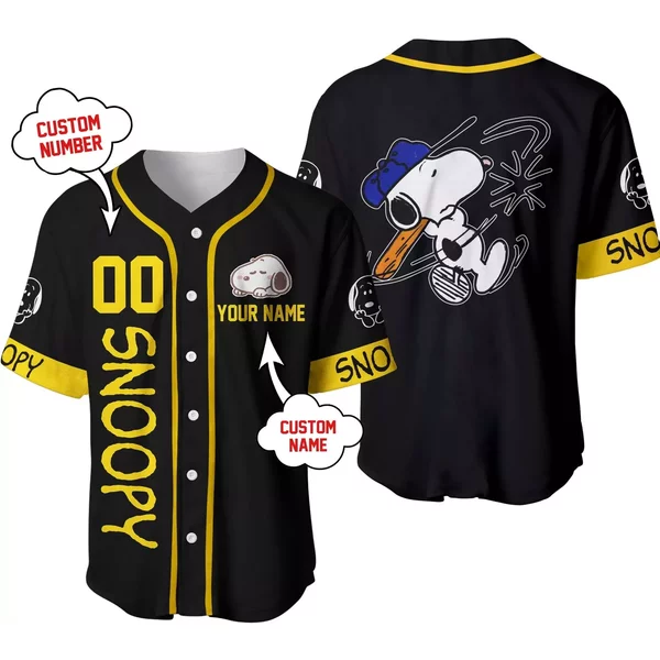 Snoopy Black Yellow Personalized Unisex Cartoon Custom Baseball Jersey-image