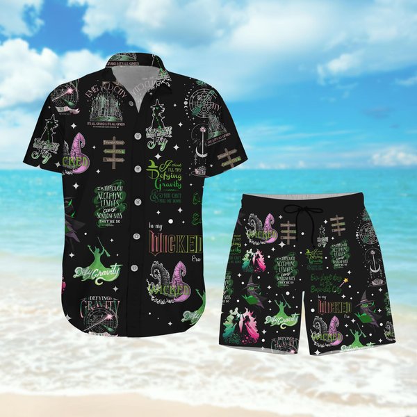 Wicked Emerald City Button Shirt And Shorts, Witch Pink And Green Wizard Hawaiian Shirt And Shorts-image
