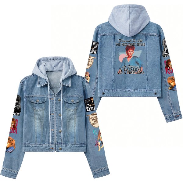Reba Mcentire A Wishbone A Backbone And A Funny Bone Hooded Denim Jacket-image