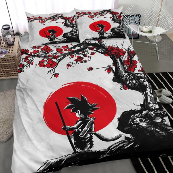 Dragon Ball Kid Goku Under Blossom Art Drawing Anime Bedding Set-image