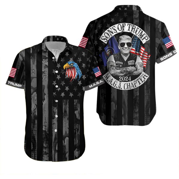 Sons Of Trump 2024 Maga Chapter Biker Us Flag Support Trump 3D Hawaii Shirt-image