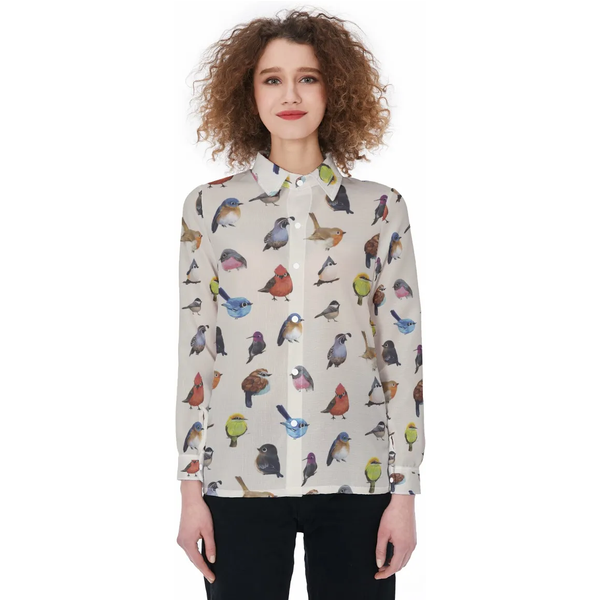Bird Women Casual Shirt, Bird Pattern Blouse, Button Down Shirt-image