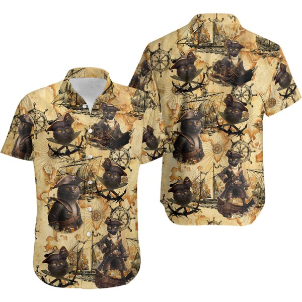 Black Cat Pirate Hawaiian Shirt, Black Cat Button Shirt-image