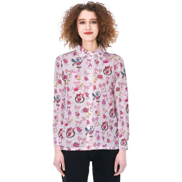 Cute Pig Linen Shirt, Pig Women Casual Shirt-image
