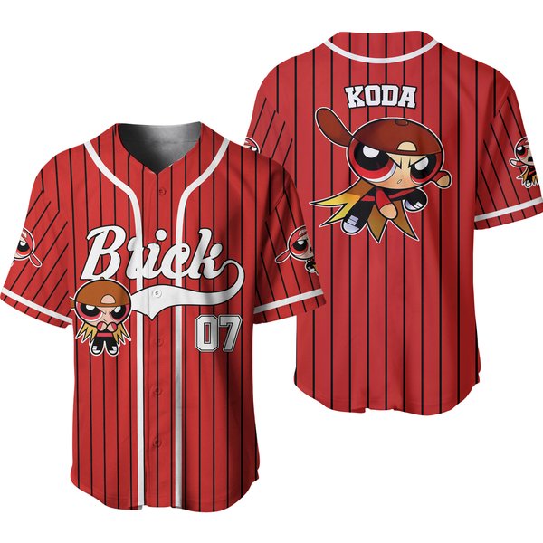 Personalize Brick Red White Baseball Jersey, Funny Powerpuff Girls 90S Cartoons-image