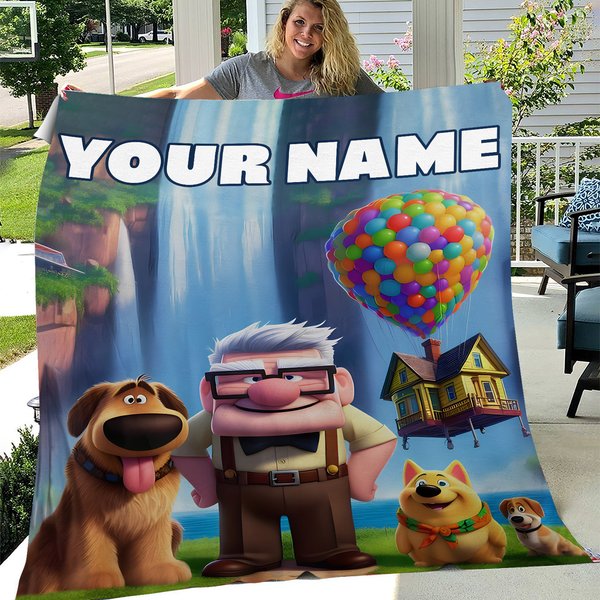 Personalized Flying House Movie Blanket, Custom Name Inspired Cartoon-image