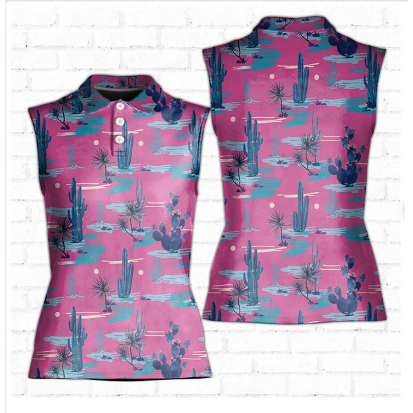 Pink Desert Cactus Golf Polo Shirt, Custom Name Golfer Women Sleeveless Polo-image