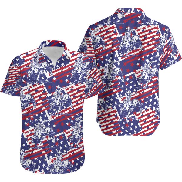 Rodeo Bull Rider Patriotic American Flag Hawaiian Shirt-image