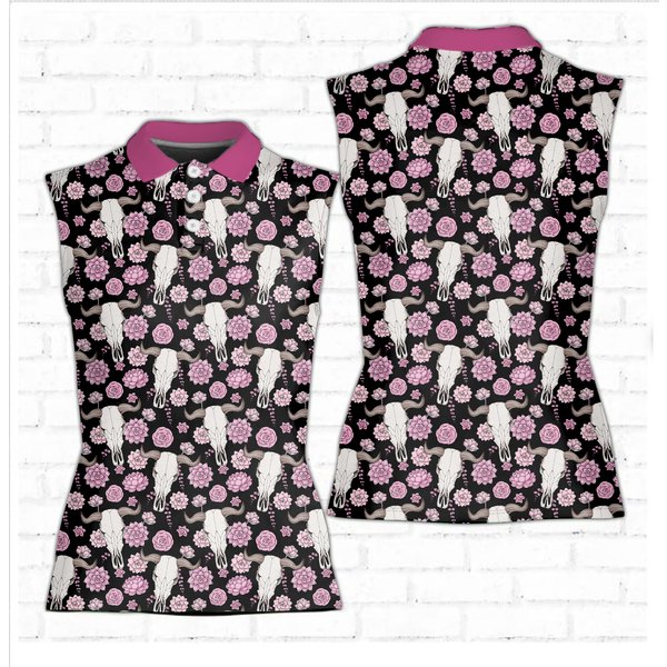 Western Golf Polo Shirt, Bull Skull With Roses Women Sleeveless Polo-image