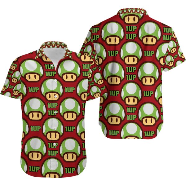 1Up Mushroom M-Mario Men’S Short Sleeve Button Up Hawaiian Shirt-image