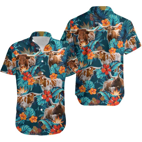 Hawaiian Shirt For Cow Lovers Texas Longhorn, Cattle Tropical Hawaiian Shirt-image