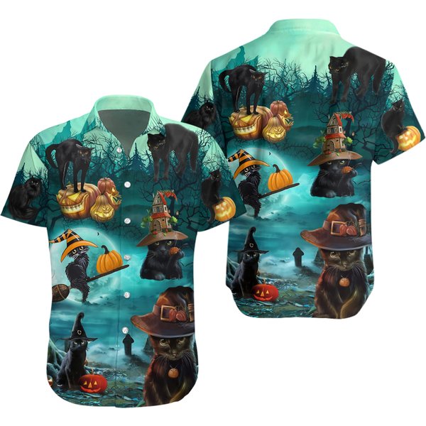 Halloween Black Cat Pumpkin Scary Hawaiian Shirt, Horror Aloha Shirt-image