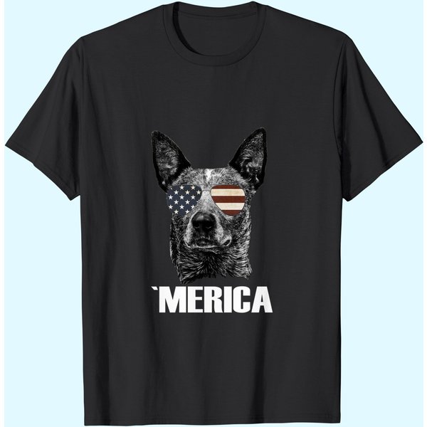 Merica Australian Cattle Dog With Usa Flag Sunglasses T-Shirt-image